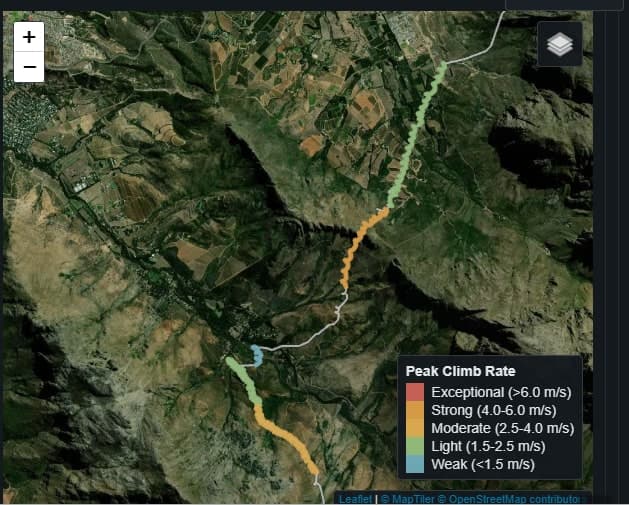 A flight track coloured by climb rate over satellite terrain, from weak to exceptional lift